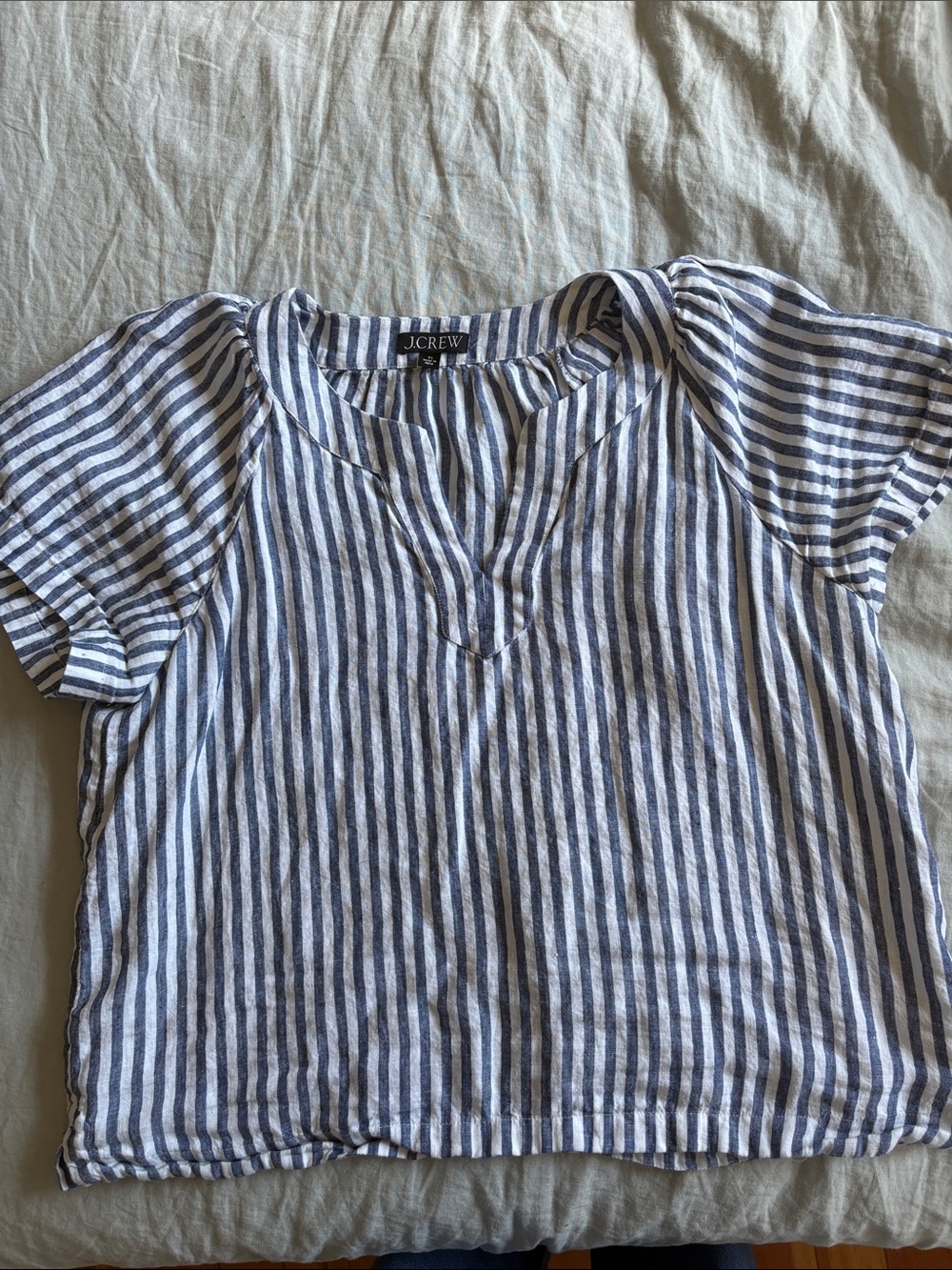 J. Crew Navy and White Striped Linen  Short Sleeve Top
